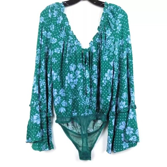 Free People Bodysuit Green Floral Print One on One Date Size S Boho Ruffles - Picture 2 of 4